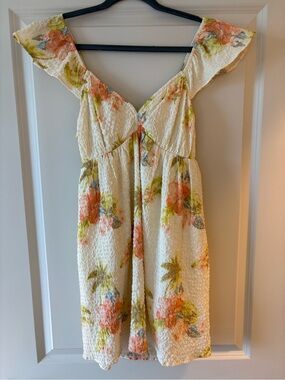 American Eagle Outfitters Cream Floral Mini Dress with Coral and Green Accents
